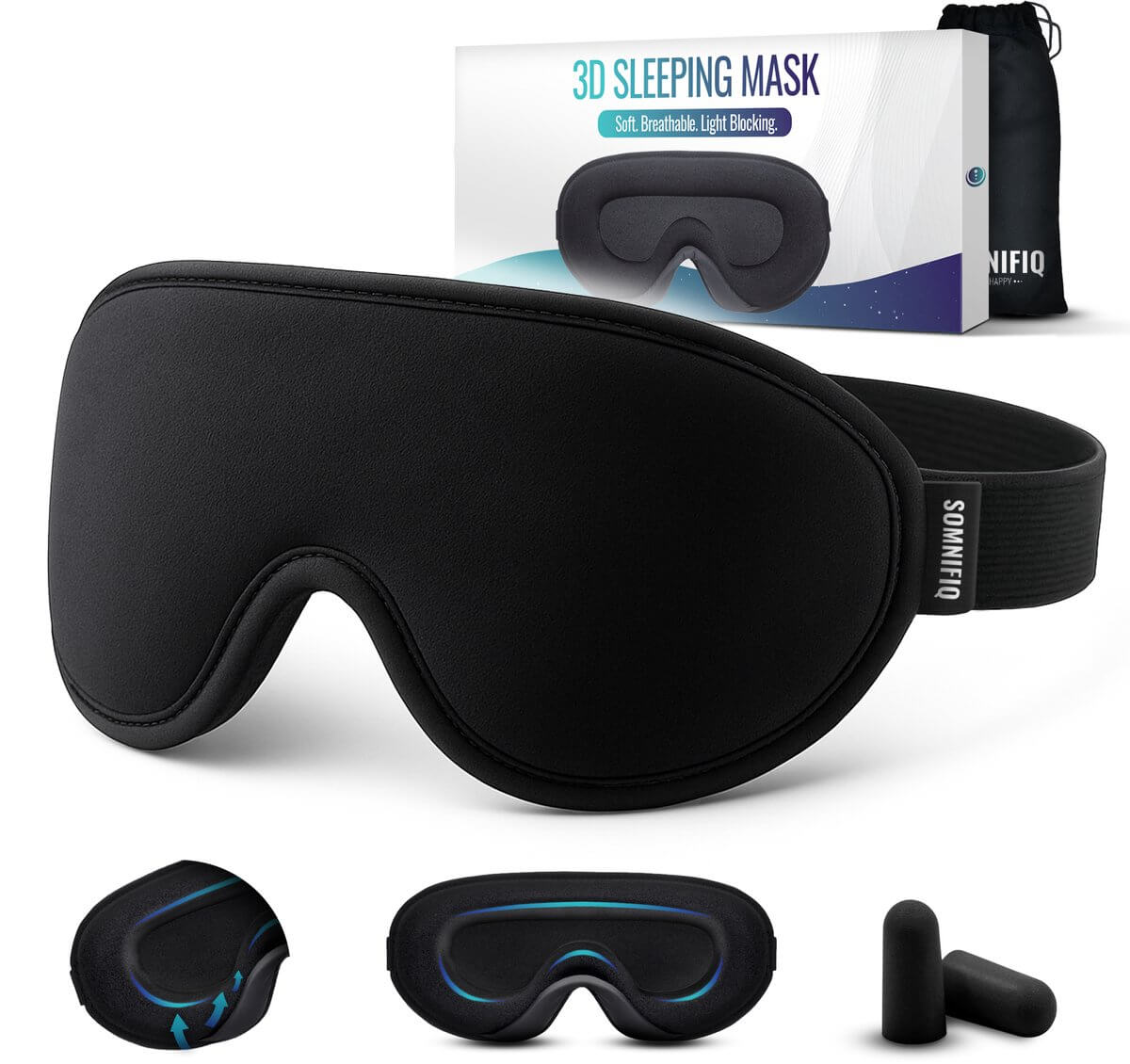 Somnifiq 3D slaapmasker met contouren voor de ogen, inclusief oordopjes en opbergzakje - 100% verduisterend.