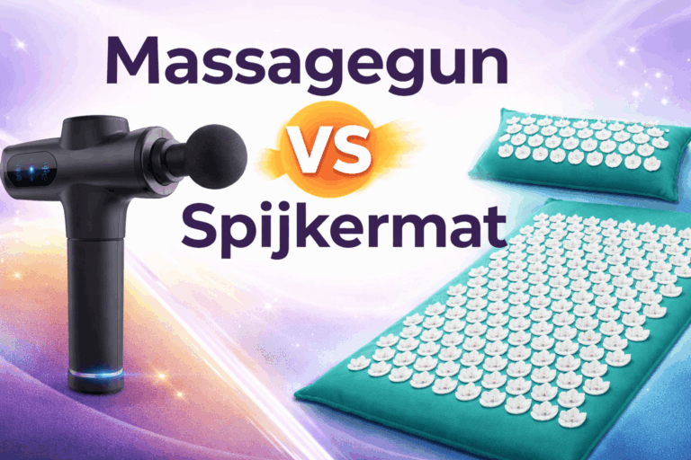 Vergelijkingsbanner met links een zwarte massagegun en rechts een turquoise spijkermat met witte drukpunten, die visueel in elkaar overlopen met in het midden de tekst ‘Massagegun vs Spijkermat’