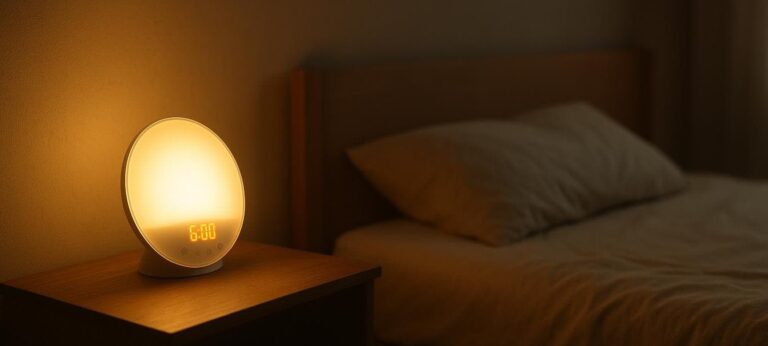 wake-up light op nachtkastje met zacht zonsopganglicht