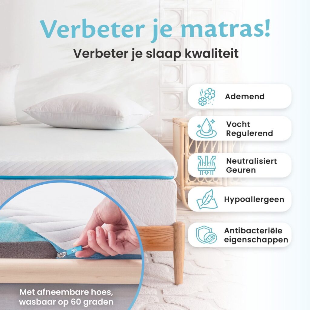 Ella topper op bed, tweelaagse matras topper voor extra comfort en drukverlichting tijdens het slapen