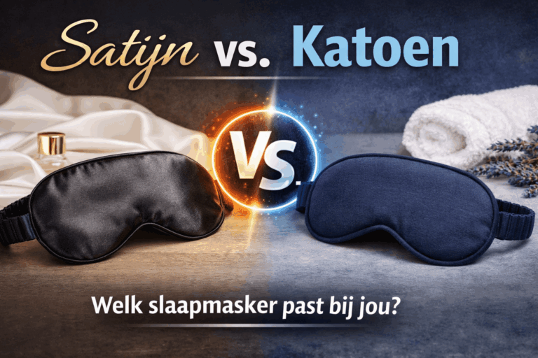 Vergelijking tussen een zwart satijnen slaapmasker en een blauw katoenen slaapmasker voor betere huidverzorging en slaapkwaliteit.