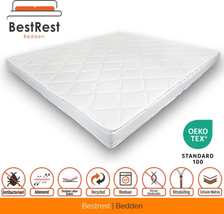 De extra dikke Bestrest Tencel Bamboo traagschuim matras toppers, inclusief overzicht van eigenschappen zoals het OEKO-TEX keurmerk en de antibacteriële hoes.