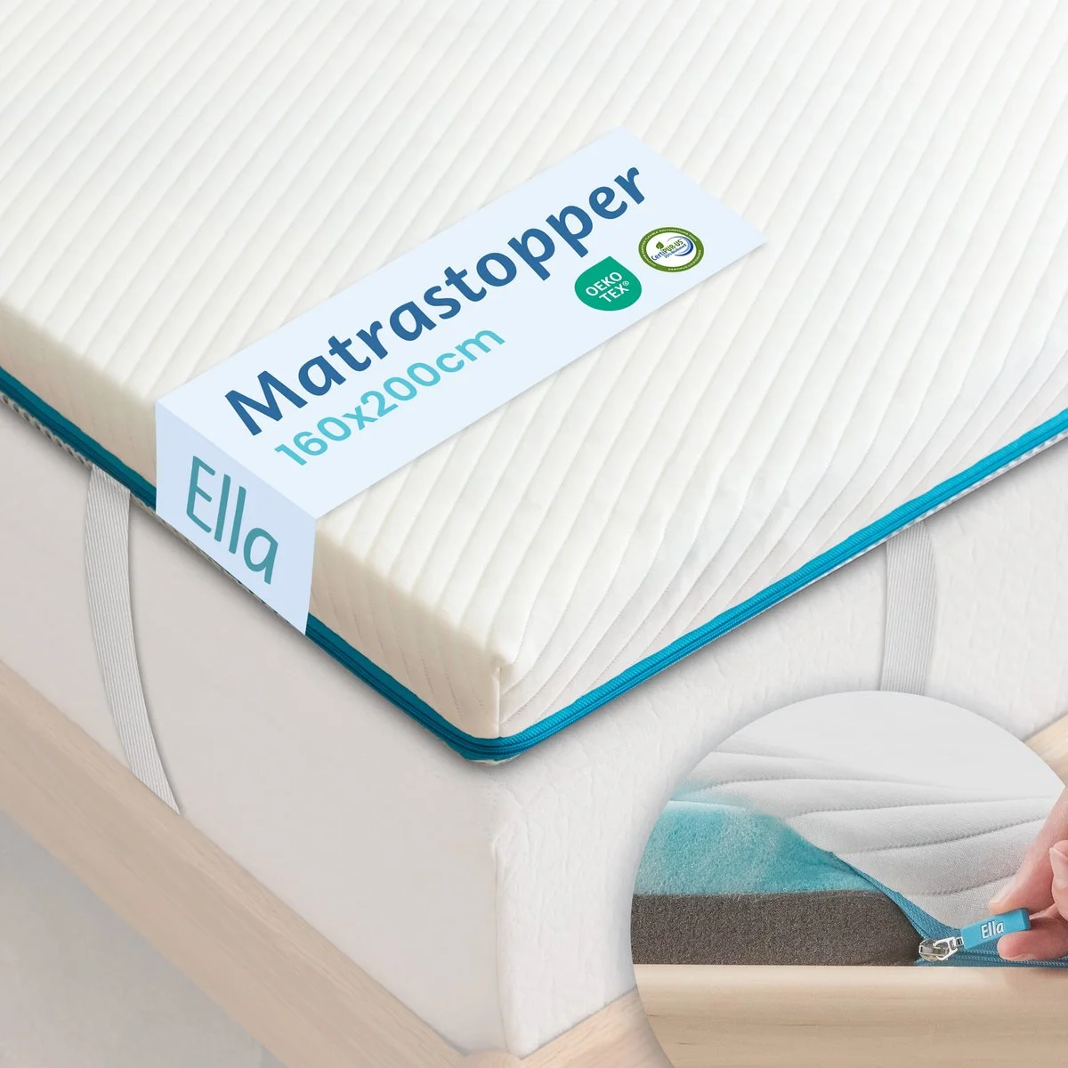 De ergonomische Ella matrastopper op een bed, met een detailweergave van de binnenkant die de verkoelende blauwe gel-laag en het ondersteunende schuim toont.