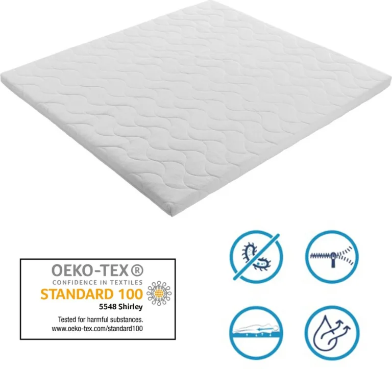 De betaalbare Ergoline koudschuim toppers, inclusief overzicht van eigenschappen zoals vochtregulatie, anti-allergie en het OEKO-TEX keurmerk.