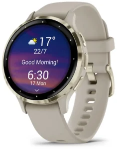 Beige Garmin Venu 3S smartwatch met een 'Good Morning' scherm, door ons getest als de beste slaaptracker zonder abonnement van 2026.