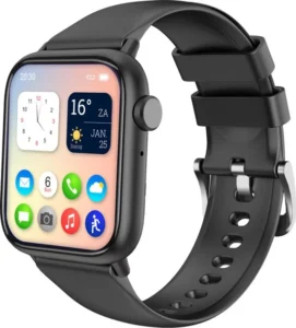 Zwarte Nuvance Smartwatch met een kleurrijk beeldscherm, door ons beoordeeld als de beste budget slaaptracker van 2026.
