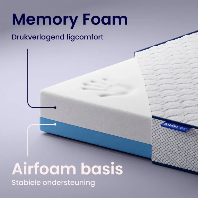 De dubbelzijdige Soulsnooze DuoComfort matrastoppers tegen rugklachten, met een toplaag van drukverlagend memory foam en een stabiele Airfoam basis.