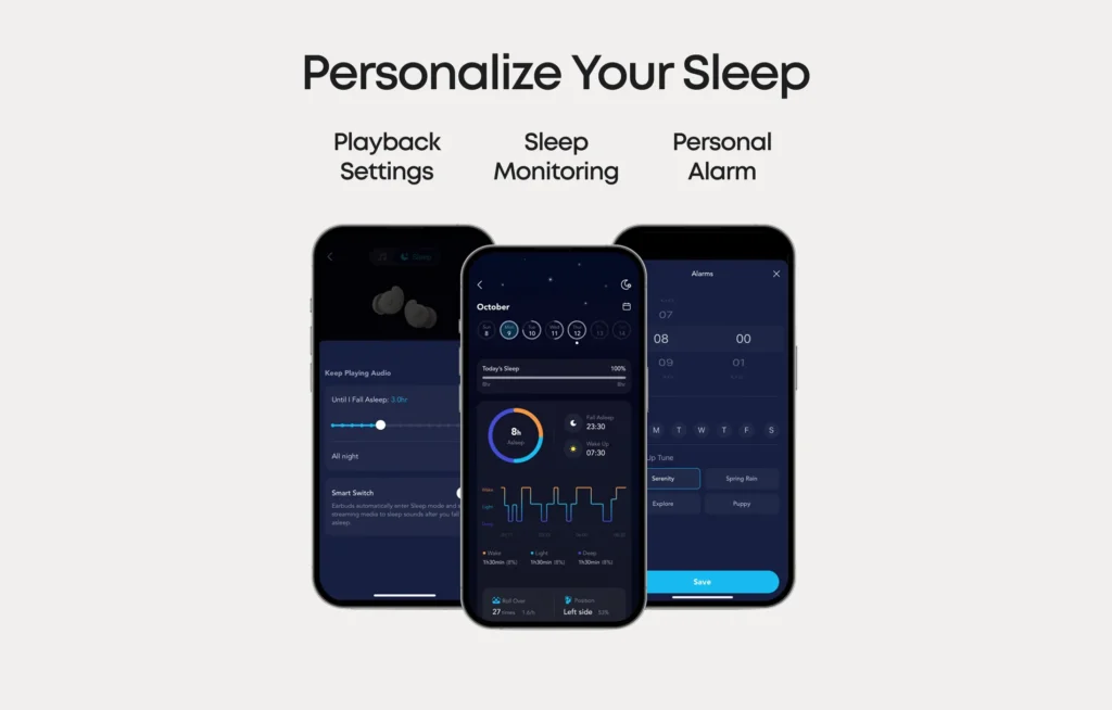 Overzicht van de Soundcore app met slaapmonitoring en persoonlijke alarm-instellingen voor de A20.