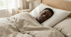 Man slaapt comfortabel op een ergonomisch kussen voor optimale nekondersteuning en een betere slaaphouding.