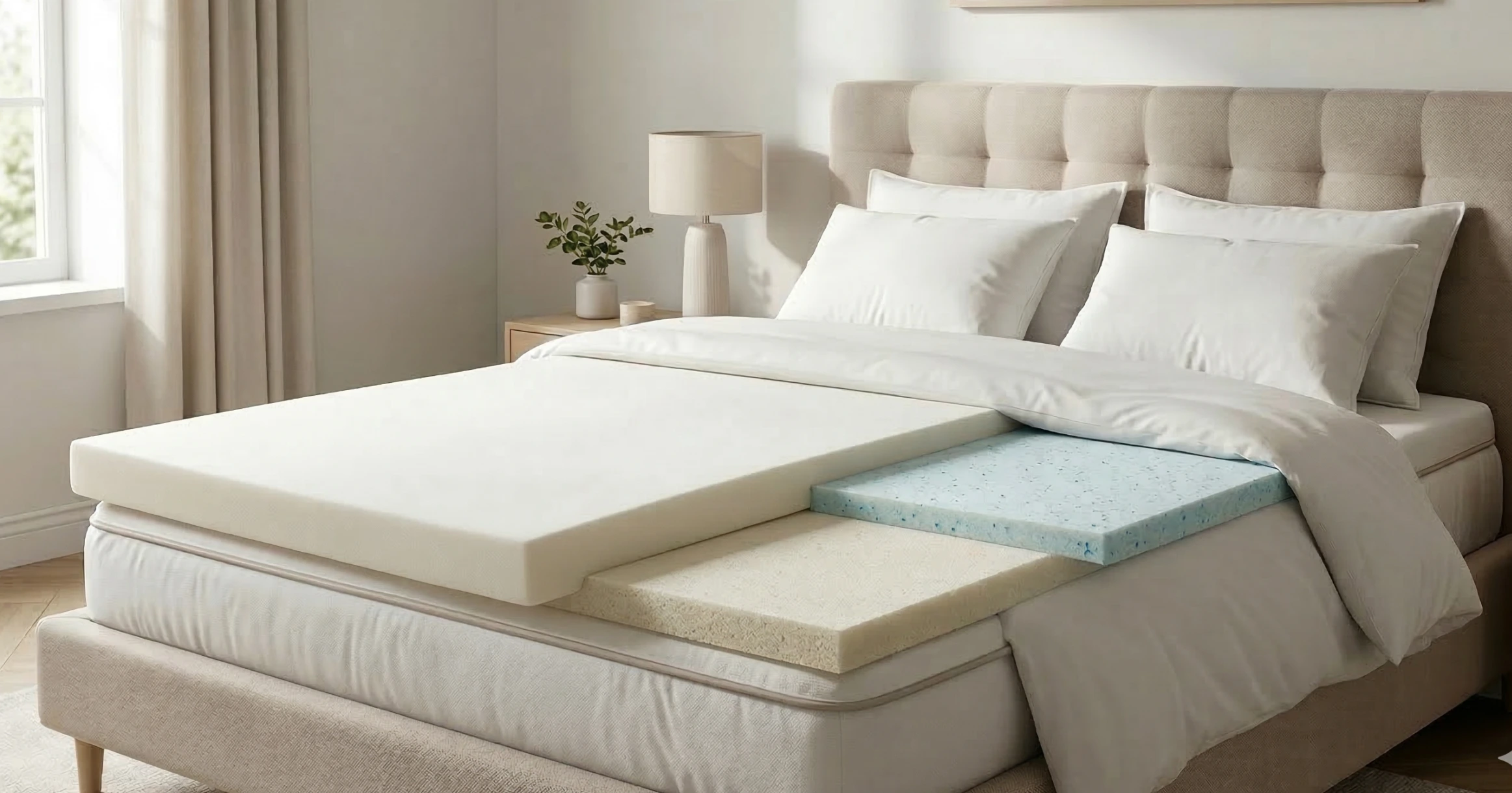 Een sfeervolle slaapkamer met een opengewerkt bed dat de verschillende lagen schuim toont, behorend bij de test voor de beste matras toppers van 2026.