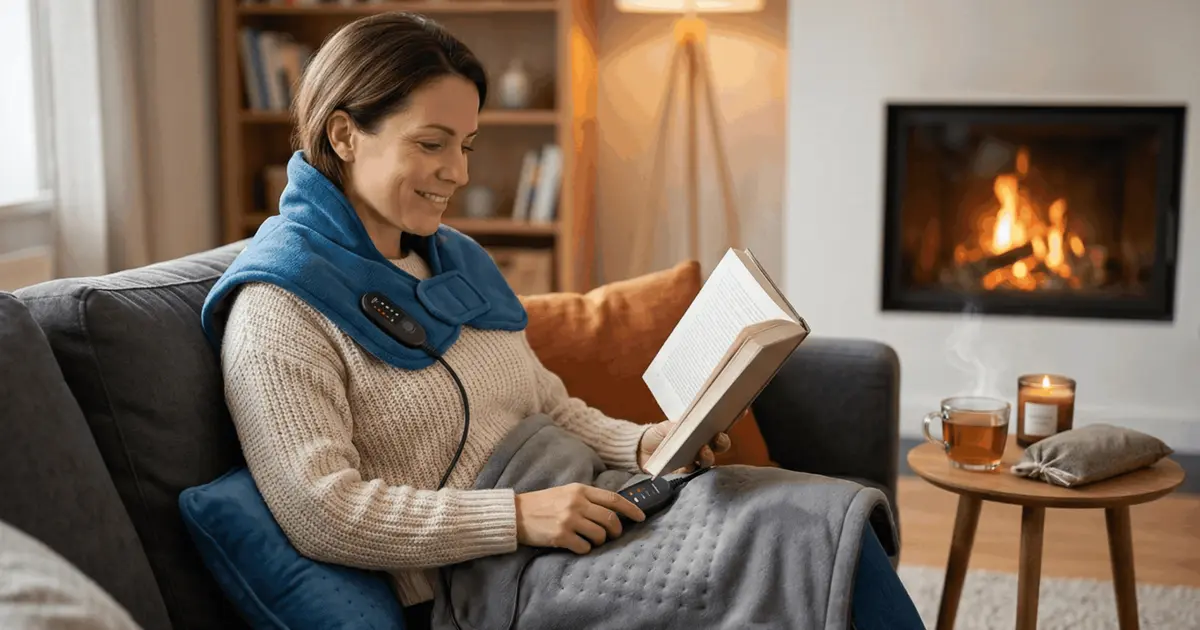 Vrouw ontspant 's avonds op de bank met een elektrisch warmtekussen en nekverwarmer om spierspanning te verlichten.