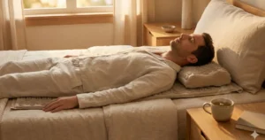 Man ontspant op een acupressuurmat en ergonomisch kussen om stress en spierspanning te verminderen voor het slapen.