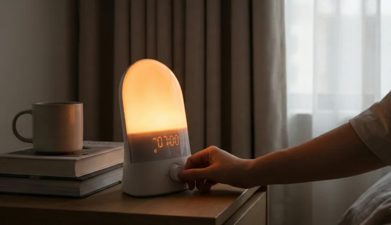 Persoon stelt een wake-up light in op het nachtkastje, met een warme zonsopkomst-simulatie voor natuurlijk ontwaken.
